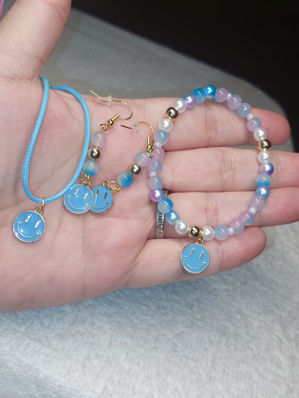 Handmade Blue Smiley Charm Bracelet & Necklace Set With Leather Cord